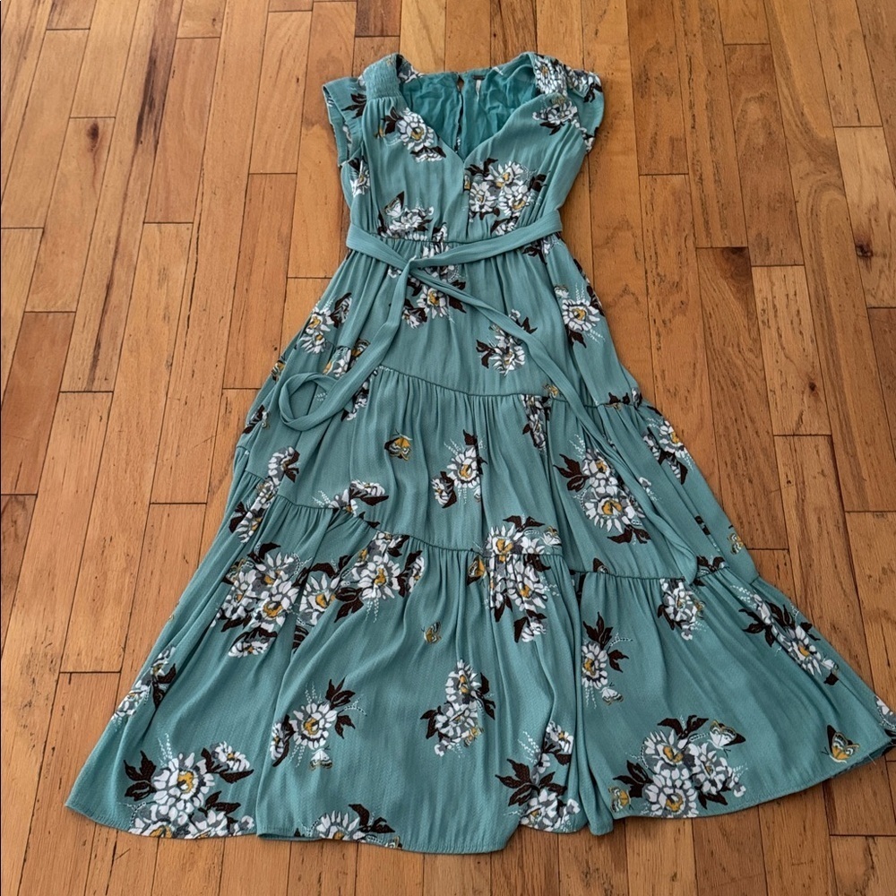 Free People Teal Floral Tiered Maxi Dress with Waist Tie